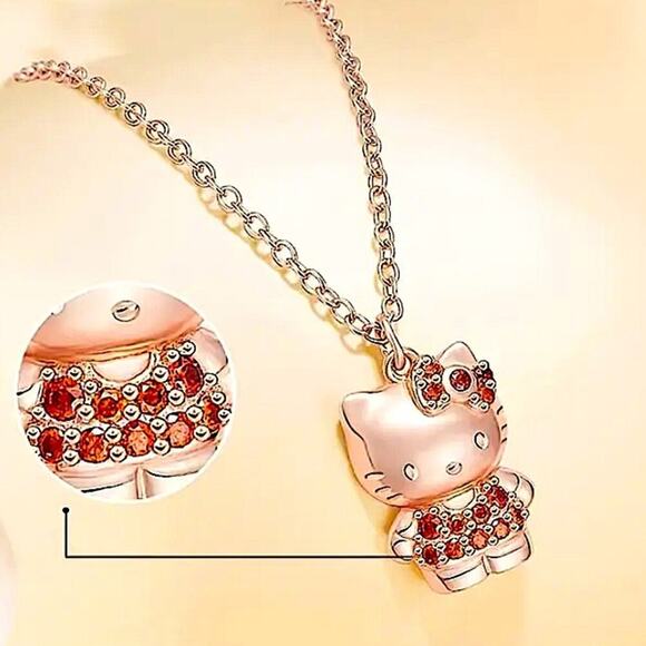 Rose Gold Hello Kitty Charm Necklace Crystal Full Body Pendant - Picture 8 of 9